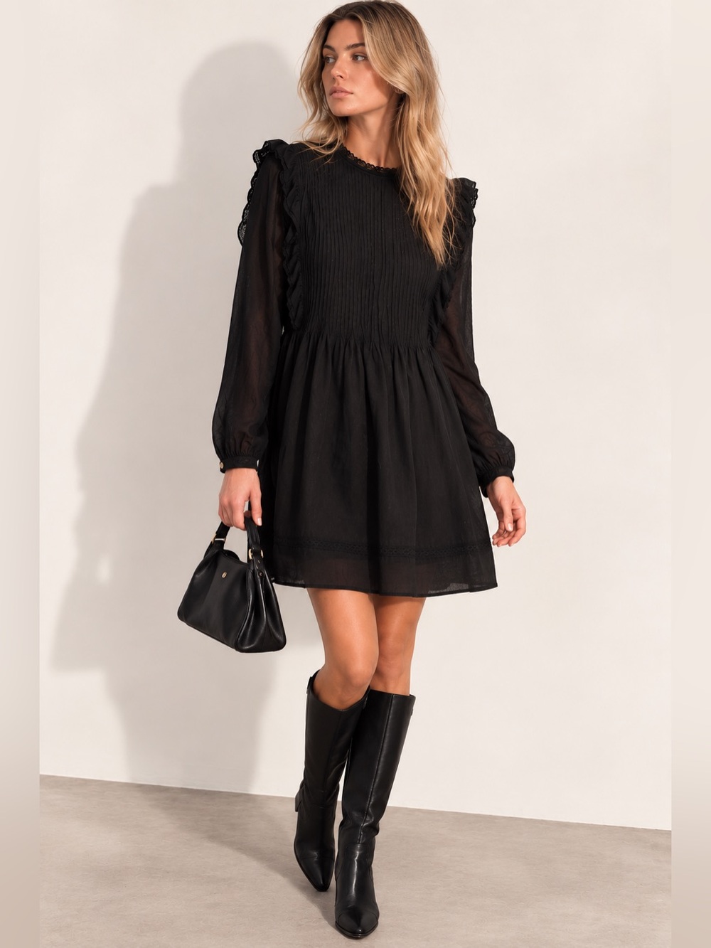 Wilfred x La Bohème Black Ruffle Pleated Babydoll Mini Dress Size S